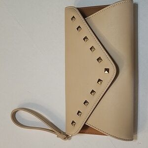 BMC Vegan Gold TONE Studded Two-Tone Cream and Caramel Clutch Wristlet EUC